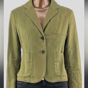 Anthropologie Cartonnier Army Green Blazer Size 0 Linen Cotton‎ Blend Two Button